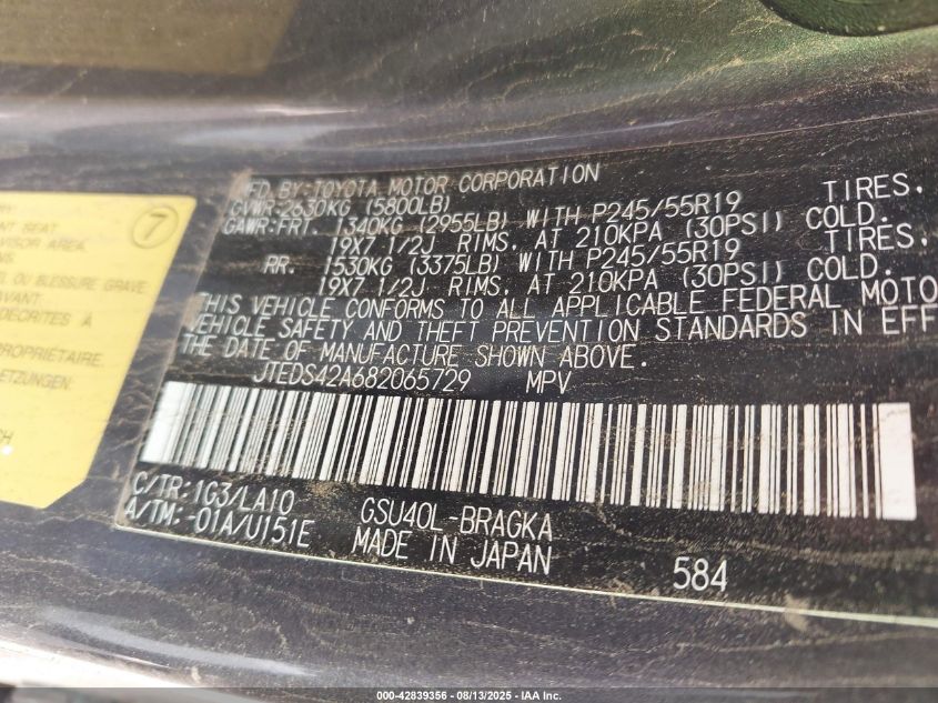 2008 Toyota Highlander Limited VIN: JTEDS42A682065729 Lot: 42839356