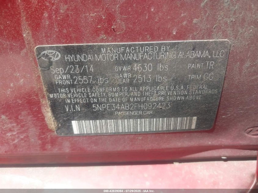 2015 Hyundai Sonata Sport 2.0T VIN: 5NPE34AB2FH092423 Lot: 42839364
