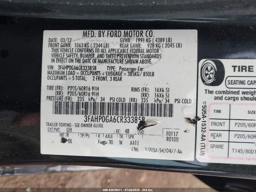 2012 Ford Fusion S VIN: 3FAHP0GA6CR333858 Lot: 42839411