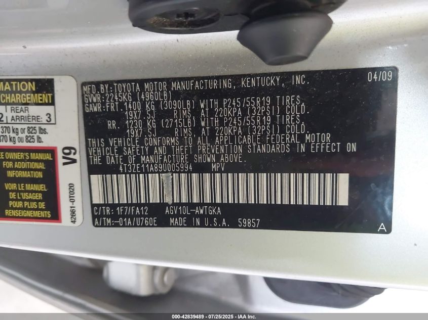 2009 Toyota Venza VIN: 4T3ZE11A89UOO5994 Lot: 42839489