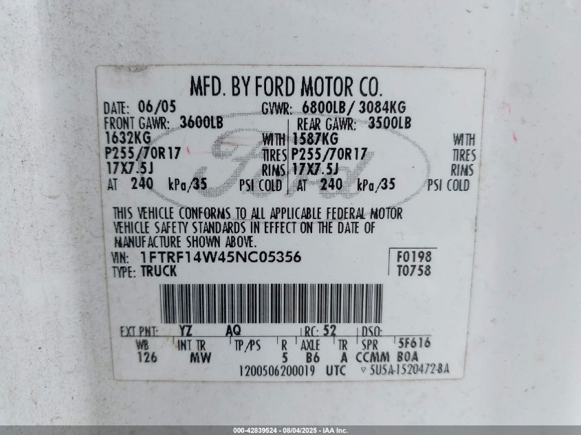 2005 Ford F-150 Stx/Xl/Xlt VIN: 1FTRF14W45NC05356 Lot: 42839524