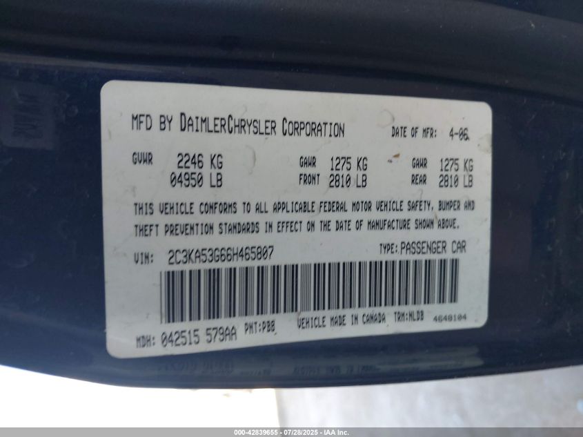 2006 Chrysler 300 Touring VIN: 2C3KA53G66H465807 Lot: 42839655