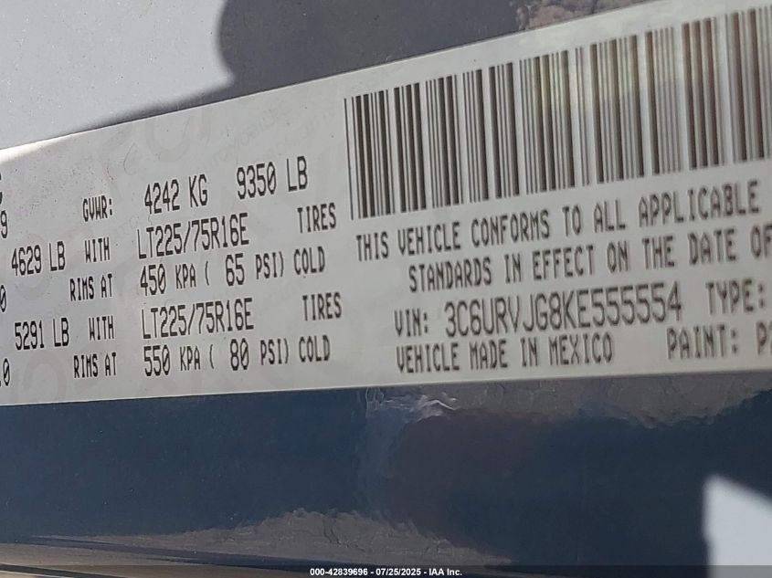 2019 Ram Promaster 3500 Cargo Van High Roof 159 Wb Ext VIN: 3C6URVJG8KE555554 Lot: 42839696