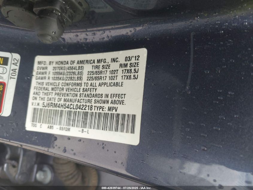 2012 Honda Cr-V Ex VIN: 5J6RM4H54CL042218 Lot: 42839744