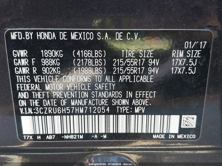 2017 HONDA HR-V EX 3CZRU6H57HM712054