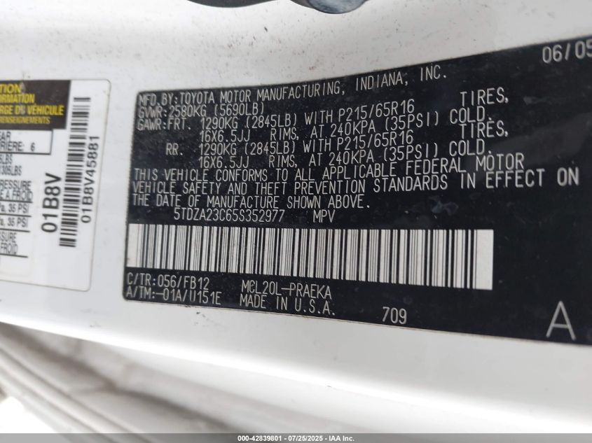 2005 Toyota Sienna Le VIN: 5TDZA23C65S352977 Lot: 42839801