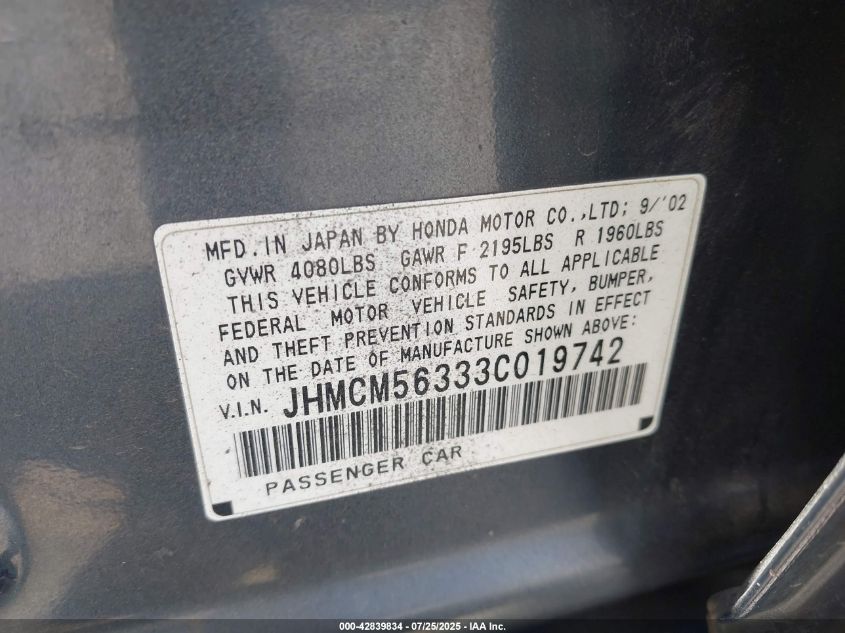 2003 Honda Accord 2.4 Lx VIN: JHMCM56333C019742 Lot: 42839834