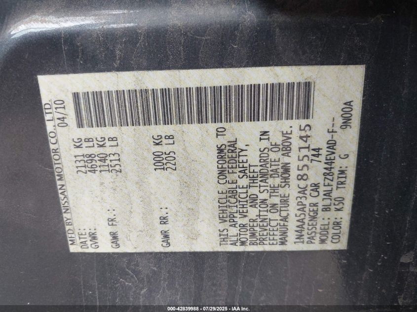 2010 Nissan Maxima 3.5 Sv VIN: 1N4AA5AP3AC855145 Lot: 42839988