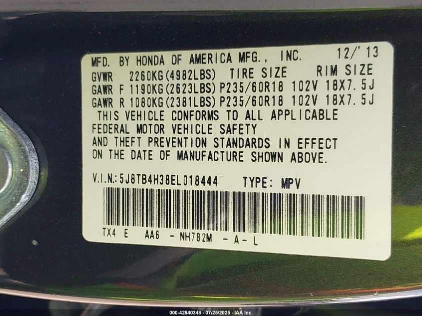 2014 Acura Mdx VIN: 5FRYD4H29EB018444 Lot: 42840348