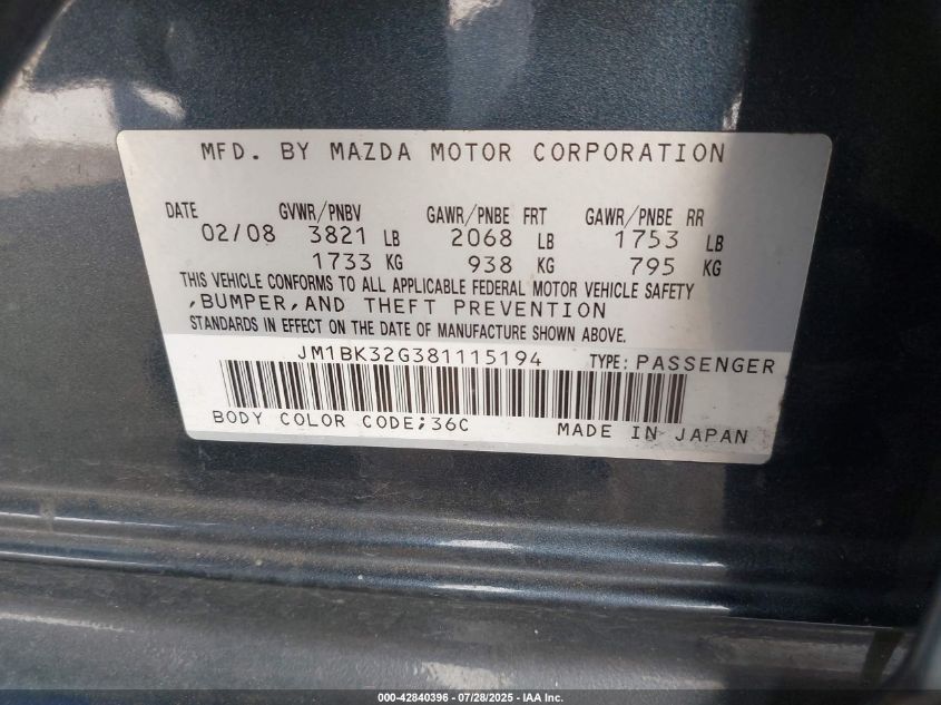 2008 Mazda Mazda3 I Touring Value VIN: JM1BK32G381115194 Lot: 42840396
