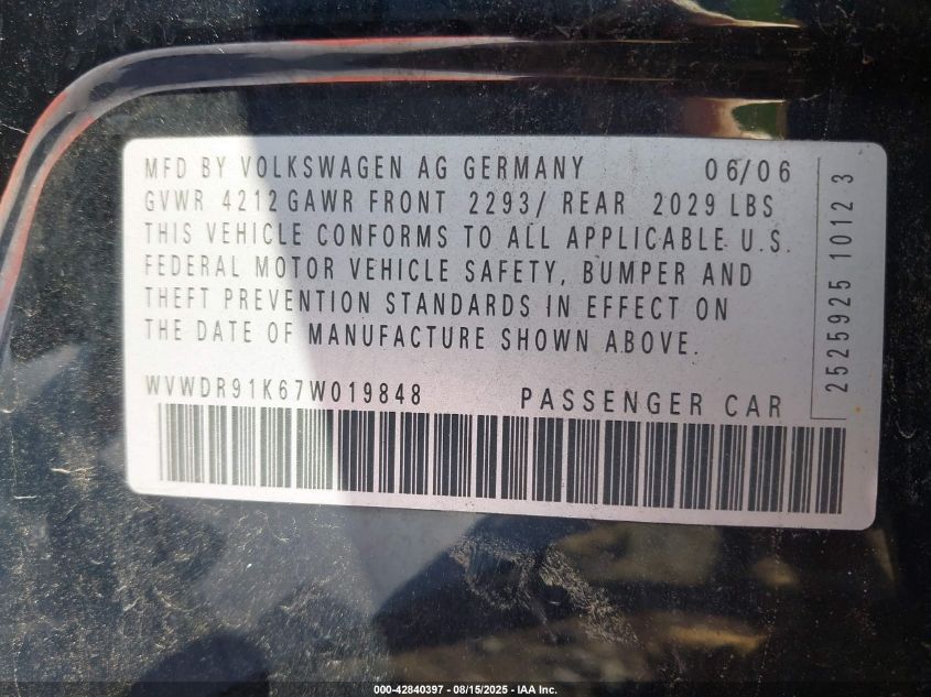 2007 Volkswagen Rabbit 4-Door VIN: WVWDR91K67W019848 Lot: 42840397