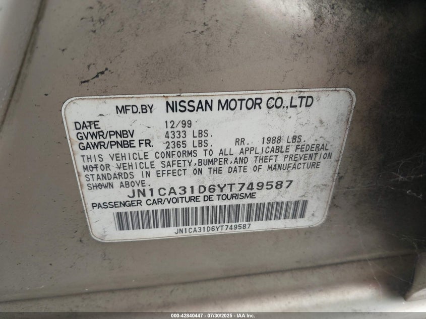 2000 Nissan Maxima Gle/Gxe/Se VIN: JN1CA31D6YT749587 Lot: 42840447