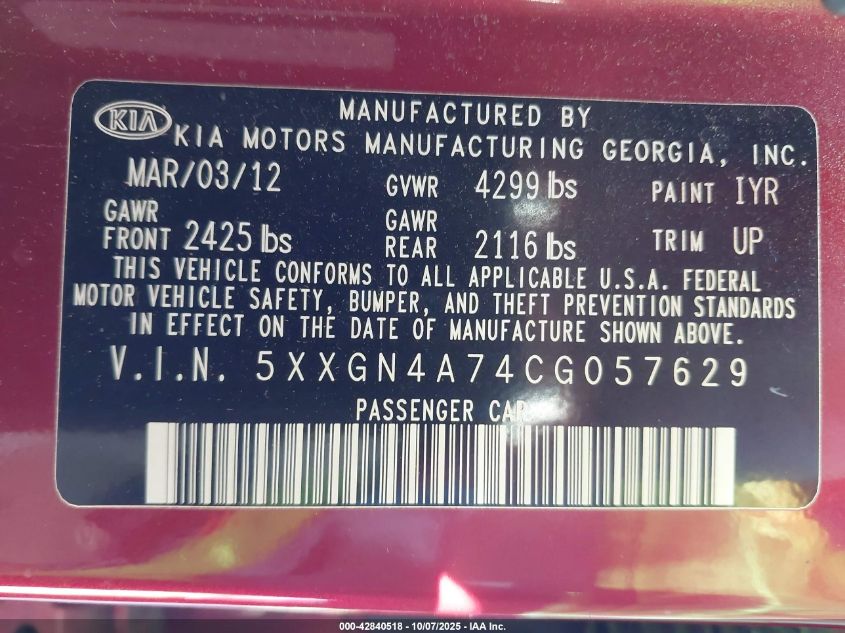 2012 Kia Optima Ex VIN: 5XXGN4A74CG057629 Lot: 42840518