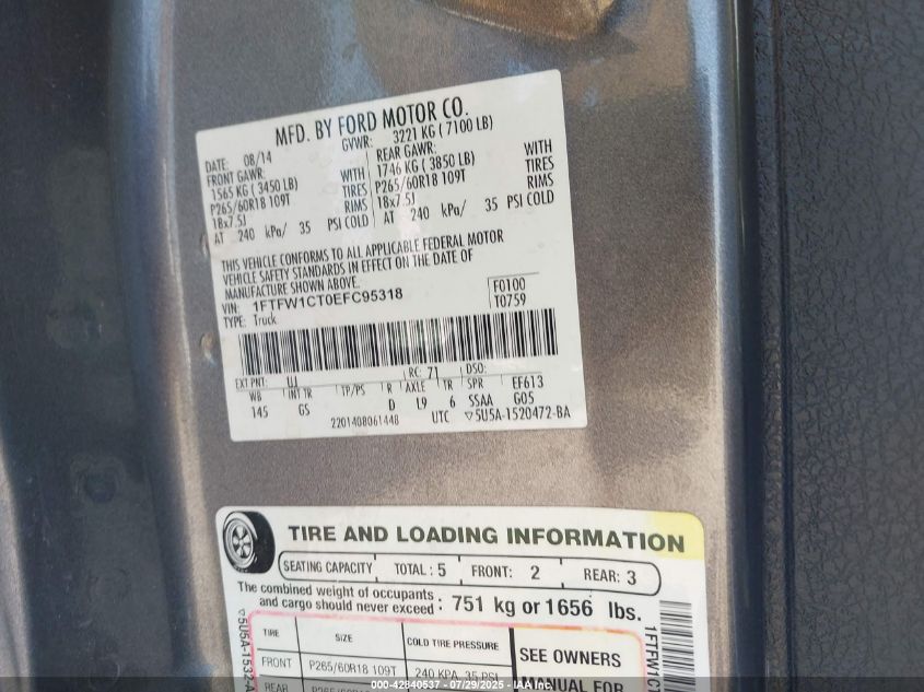 2014 Ford F-150 Xlt VIN: 1FTFW1CT0EFC95318 Lot: 42840537