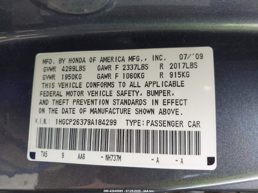 2009 Honda Accord 2.4 Lx VIN: 1HGCP26379A184299 Lot: 42840569