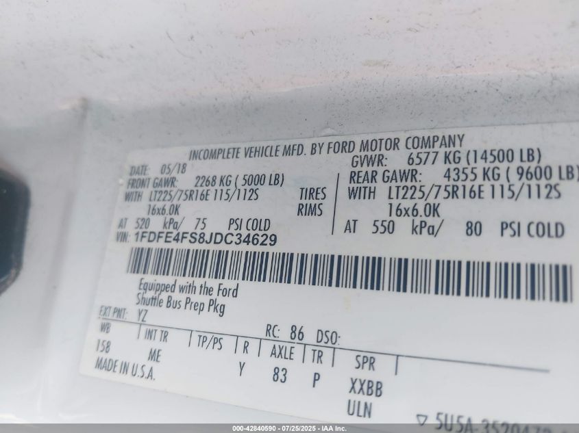 2018 Ford E-450 Cutaway VIN: 1FDFE4FS8JDC34629 Lot: 42840590