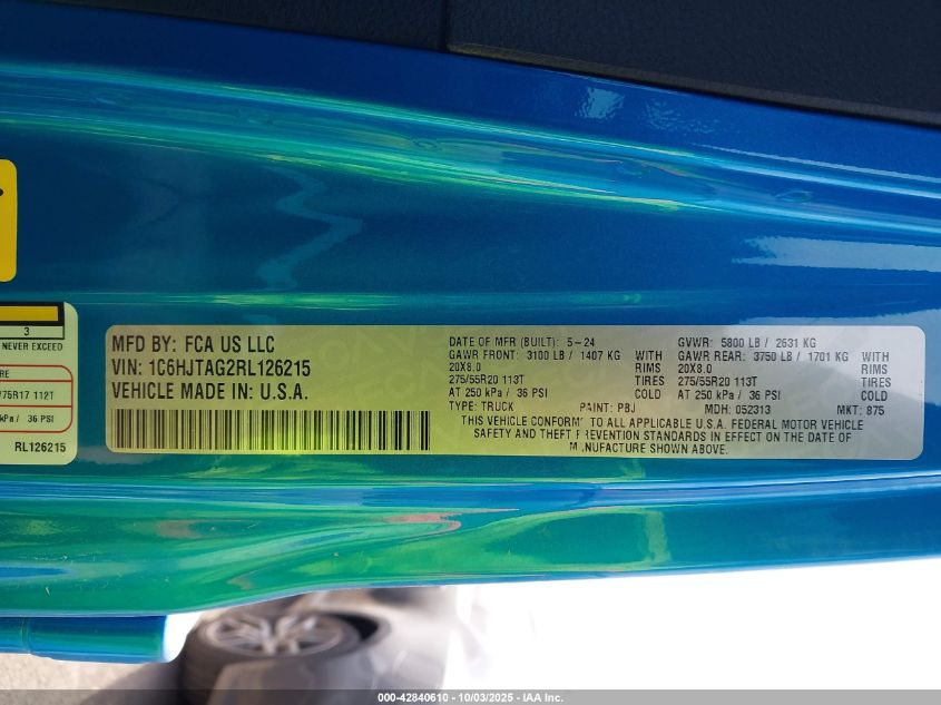 2024 Jeep Gladiator Nighthawk VIN: 1C6HJTAG2RL126215 Lot: 42840610
