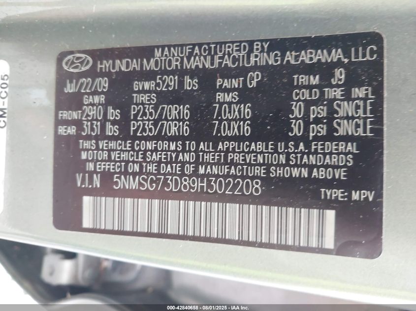 2009 Hyundai Santa Fe Gls VIN: 5NMSG73D89H302208 Lot: 42840658