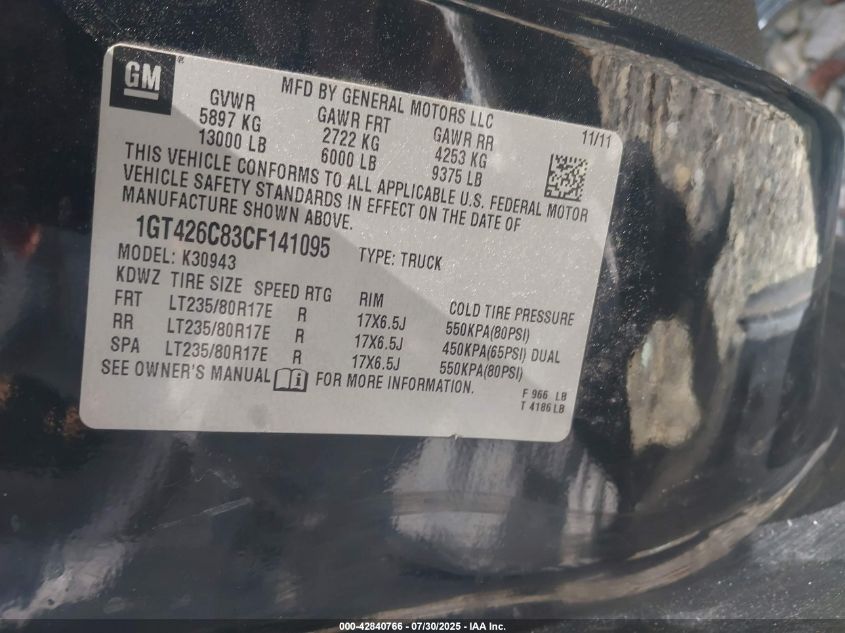 2012 GMC Sierra 3500Hd Denali VIN: 1GT426C83CF141095 Lot: 42840766