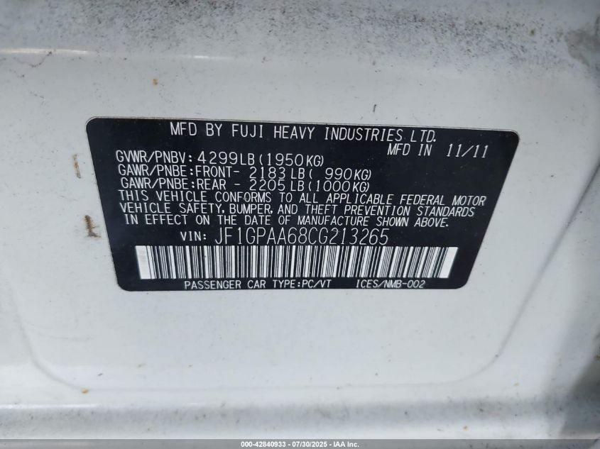 2012 Subaru Impreza 2.0I VIN: JF1GPAA68CG213265 Lot: 42840933