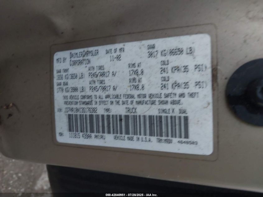 2003 Dodge Ram 1500 Slt/Laramie/St VIN: 1D7HA18N13S176382 Lot: 42840951