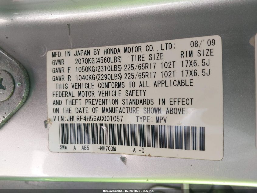 2010 Honda Cr-V Ex VIN: JHLRE4H56AC001057 Lot: 42840964