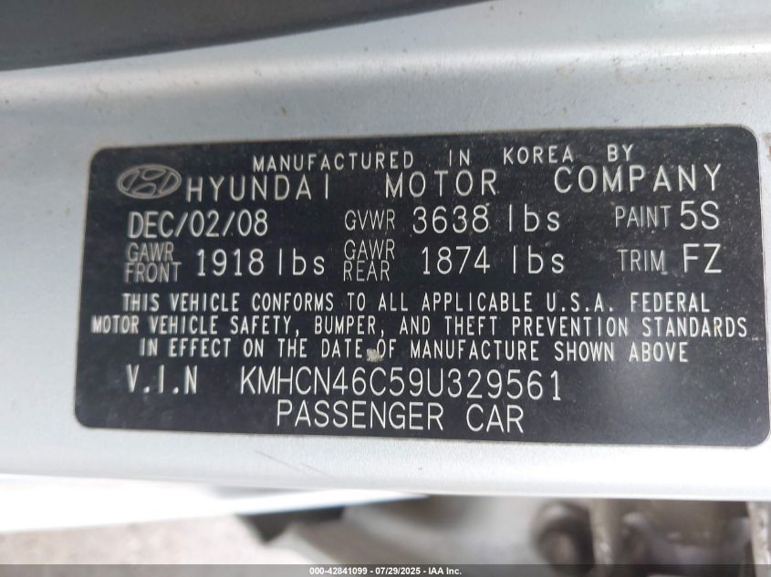 2009 Hyundai Accent Gls VIN: KMHCN46C59U329561 Lot: 42841099