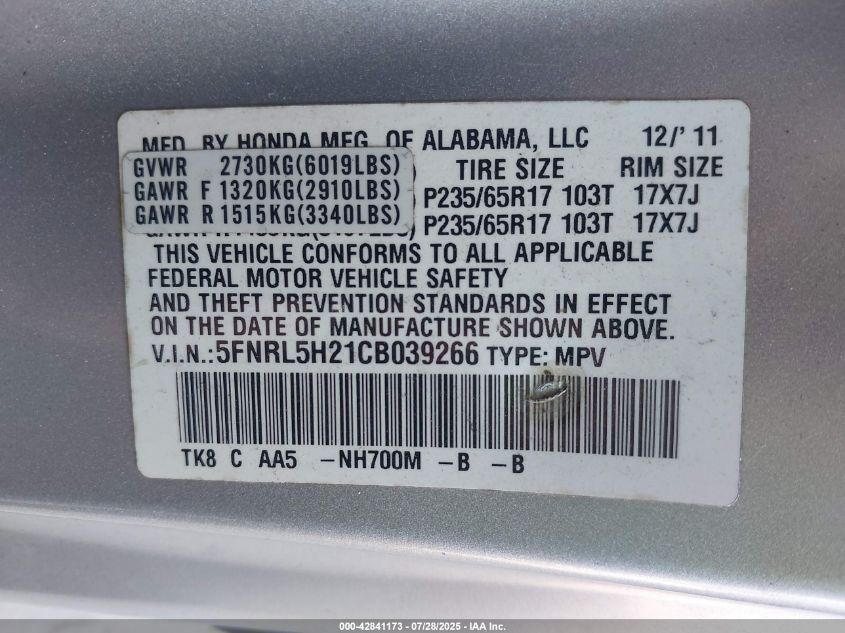2011 Honda Odyssey Lx VIN: 5FNRL5H21B039266 Lot: 42841173