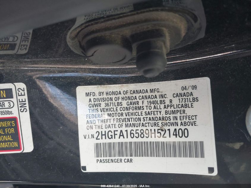 2009 Honda Civic Lx VIN: 2HGFA16589H521400 Lot: 42841240