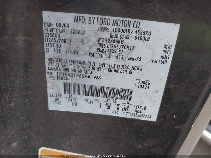 2005 Ford F-250 Lariat/Xl/Xlt VIN: 1FTSX21P65EA19691 Lot: 42841277