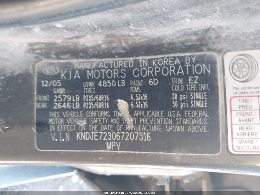 2006 Kia Sportage VIN: KNBJE723067207316 Lot: 42841418