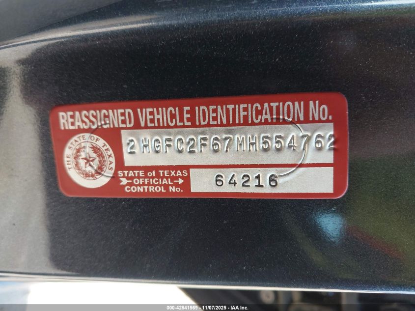 2021 Honda Civic Lx VIN: 2HGFC2F67MH554762 Lot: 42841569