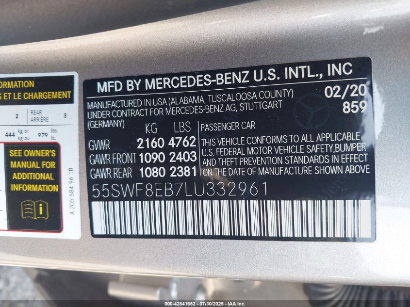 2020 Mercedes-Benz C 300 4Matic VIN: 55SWF8EB7LU332961 Lot: 42841652