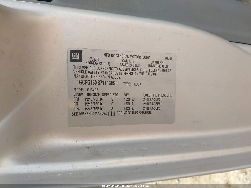 2007 Chevrolet Express Work Van VIN: 1GCFG15X371113690 Lot: 42841741