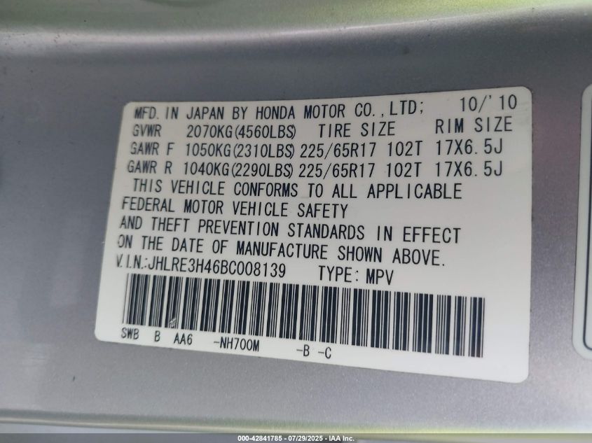 2011 Honda Cr-V Se VIN: JHLRE3H46BC008139 Lot: 42841785