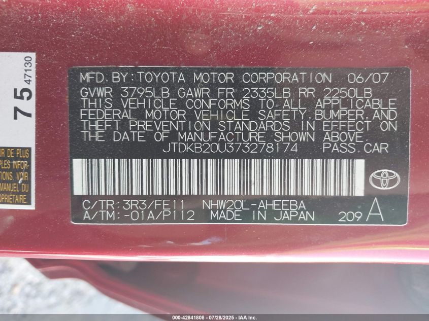 2007 Toyota Prius VIN: JTDKB20U373278174 Lot: 42841808