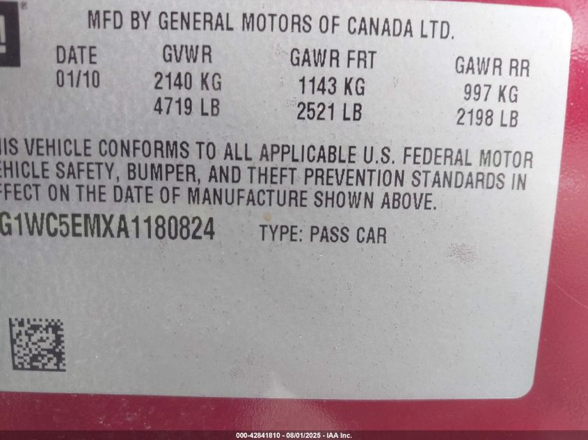 2010 Chevrolet Impala Ltz VIN: 2G1WC5EMXA1180824 Lot: 42841810