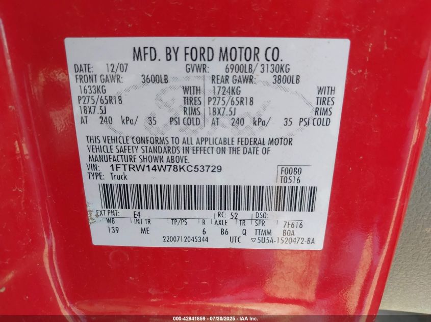 2008 Ford F-150 60Th Anniversary/Xl/Xlt VIN: 1FTRW14W78KC53729 Lot: 42841859