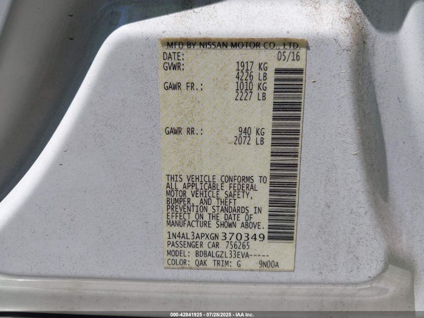 2016 Nissan Altima 2.5 S VIN: 1N4AL3APXGN370349 Lot: 42841925
