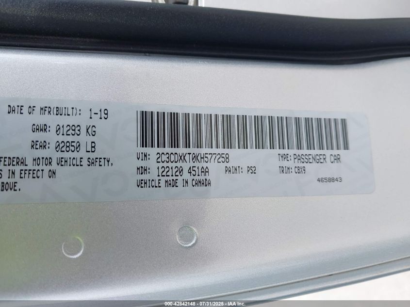 2019 Dodge Charger Police Awd VIN: 2C3CDXKT0KH577258 Lot: 42842148