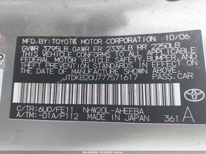 2007 Toyota Prius VIN: JTDKB20U777571617 Lot: 42842187
