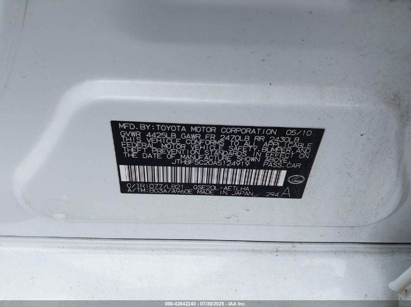 2010 Lexus Is 250 VIN: JTHBF5C20A5124919 Lot: 42842240