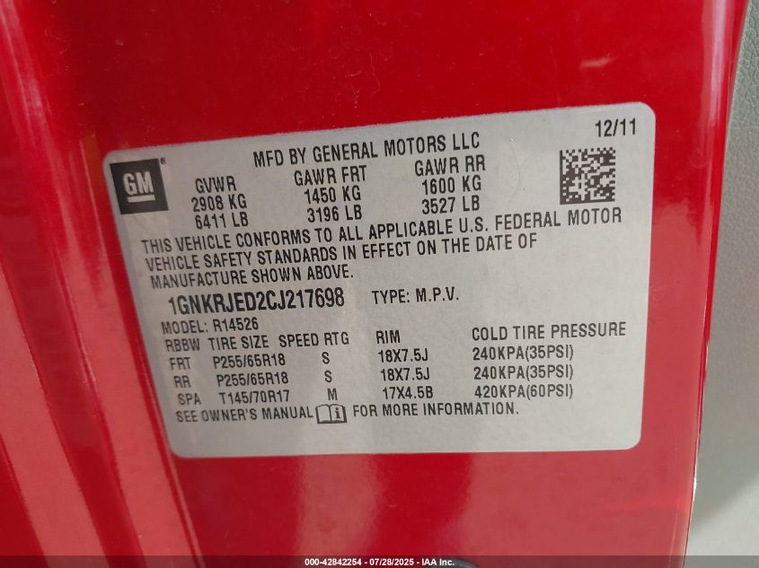 2012 Chevrolet Traverse 2Lt VIN: 1GNKRJED2CJ217698 Lot: 42842254