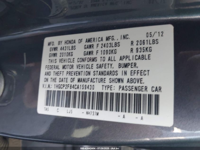 2012 Honda Accord 2.4 Ex-L VIN: 1HGCP2F84CA159430 Lot: 42842404