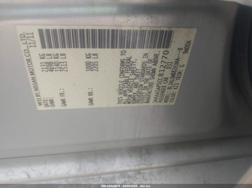 2012 Nissan Maxima 3.5 S VIN: 1N4AA5AP5CC812770 Lot: 42842619