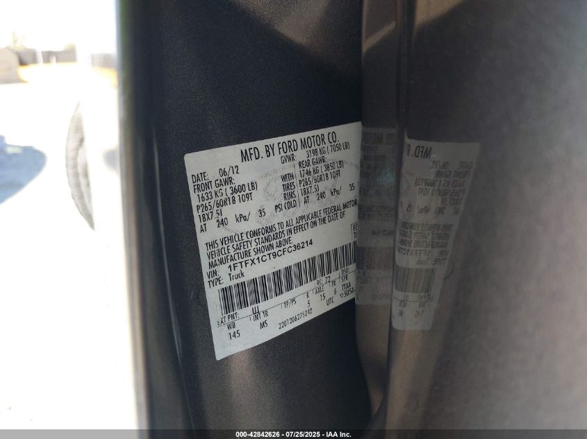 2012 Ford F-150 Xlt VIN: 1FTFX1CT9CFC36214 Lot: 42842626