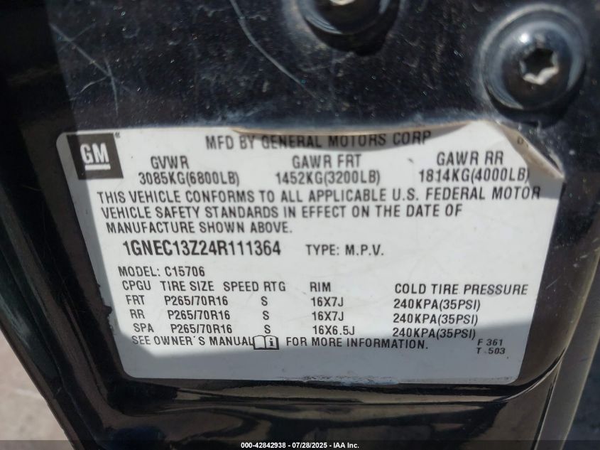 2004 Chevrolet Tahoe Ls/Lt VIN: X1GNEC13Z24R11136 Lot: 42842938