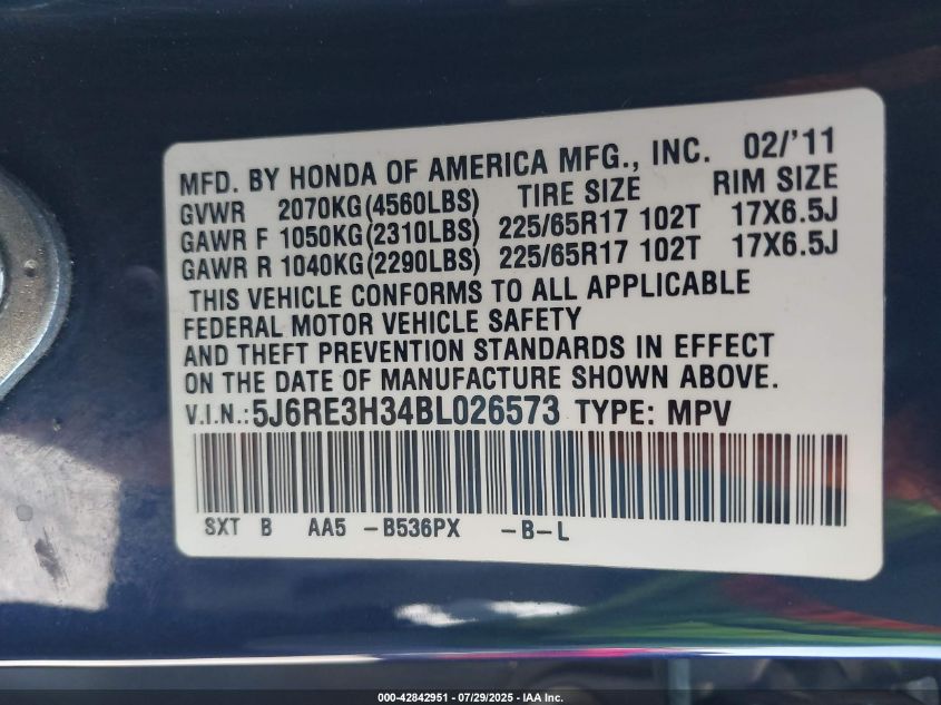 2011 Honda Cr-V Lx VIN: 5J6RE3H34BL026573 Lot: 42842951