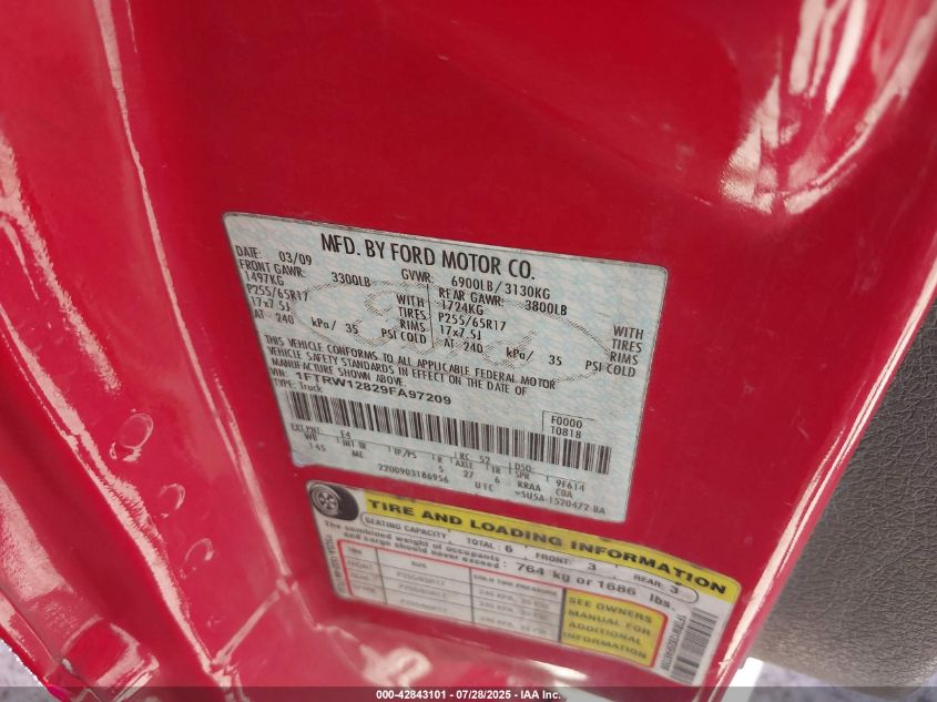 2009 Ford F-150 Xl/Xlt VIN: 1FTRW12829FA97209 Lot: 42843101