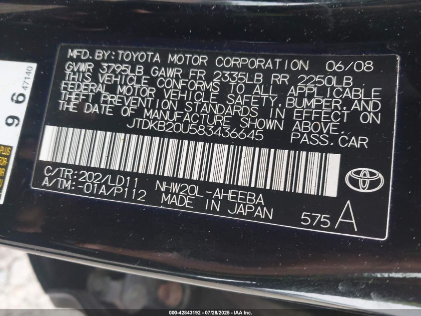 2008 Toyota Prius Touring VIN: JTDKB20U583436645 Lot: 42843192